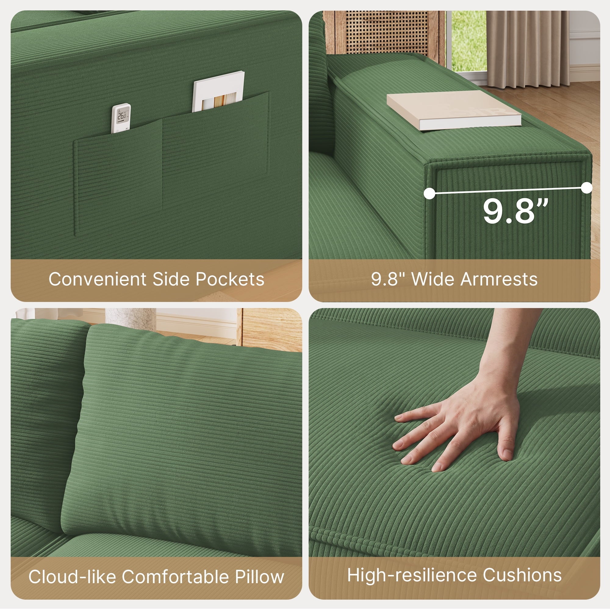 Comfortable Sofa Couch, Lofka L Shaped Foam Couch for Office, Living Room, Green