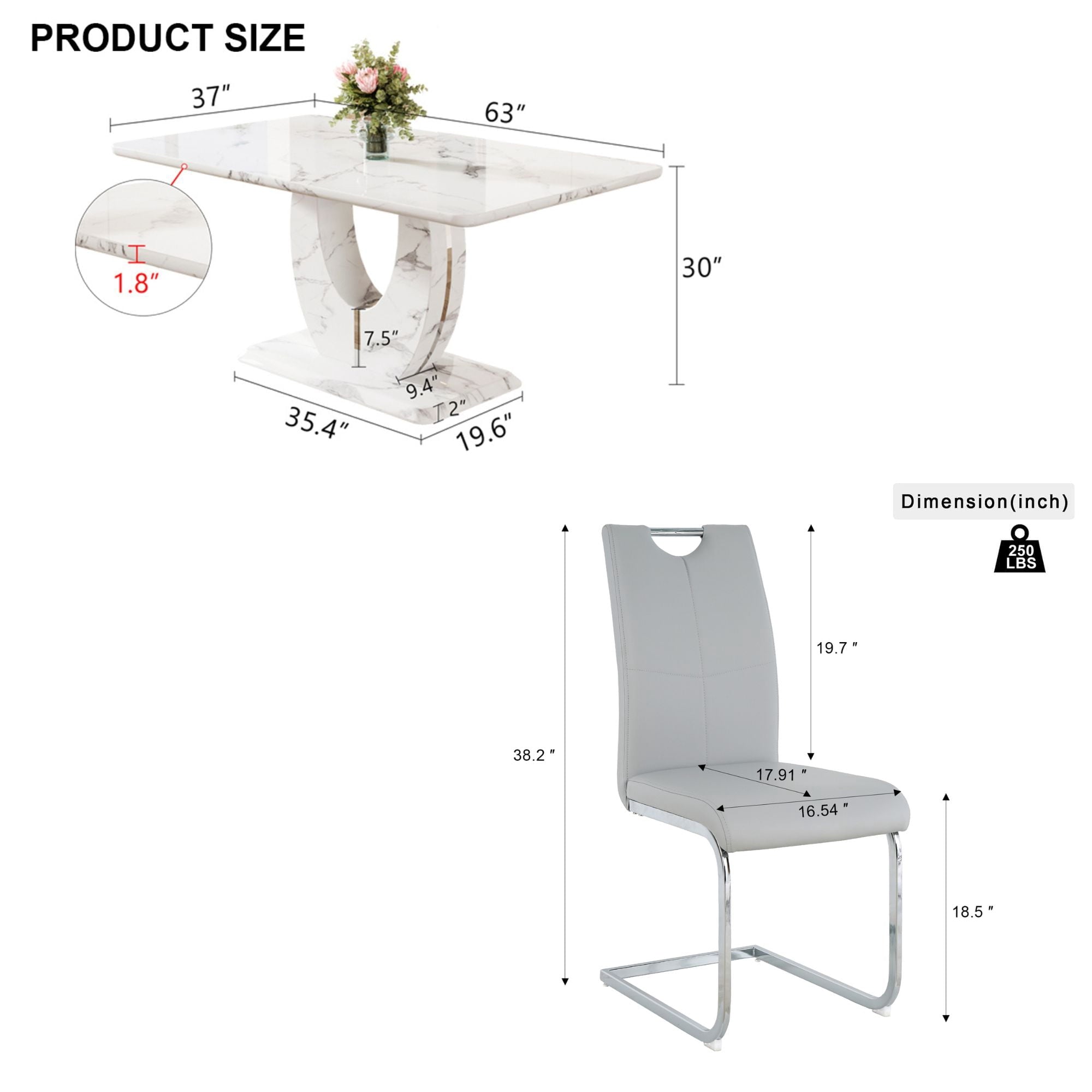 63 Modern White Rectangle Faux Marble Dining Table Room Sets for 4,Dining Table with 4 Velvet Dining Chairs,White Table and 4 Gray Chairs with Silver Leg