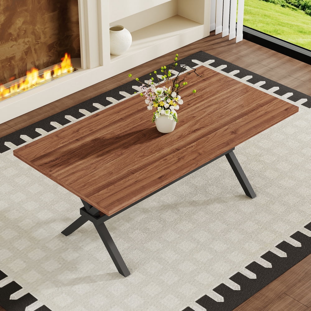 Modern 71 Wood Dining Table, Light Wood Grain MDF Top with X-Shaped Metal Legs, Seats 6-8 People, for Kitchen & Dining Room