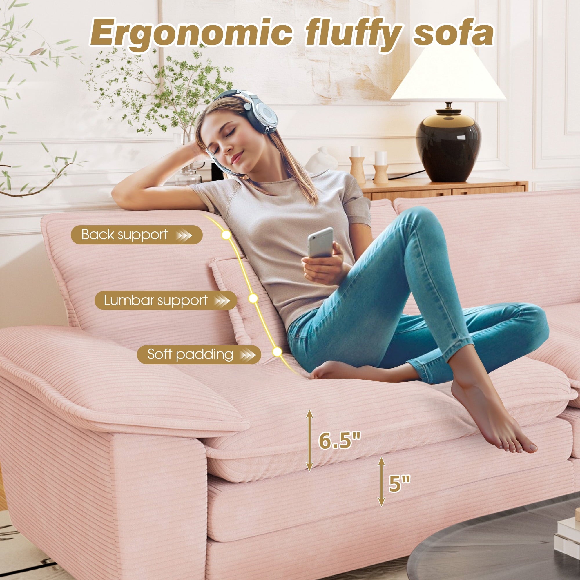 Muumblus 80.5 Corduroy Loveseat Sofa, Oversized Upholstered 2-Seater Fluffy Cloud Sleeper Couch for Living Room/Apt, Pink