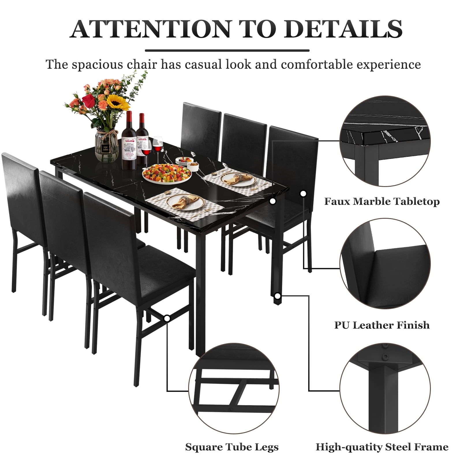 SYNGAR 5 Piece Dining Set, Modern Dining Table and Chairs Set for 4, Kitchen Dining Table Set with Faux Marble Tabletop & 4 Upholstered Chairs, for Small Space, Breakfast Nook, D9224