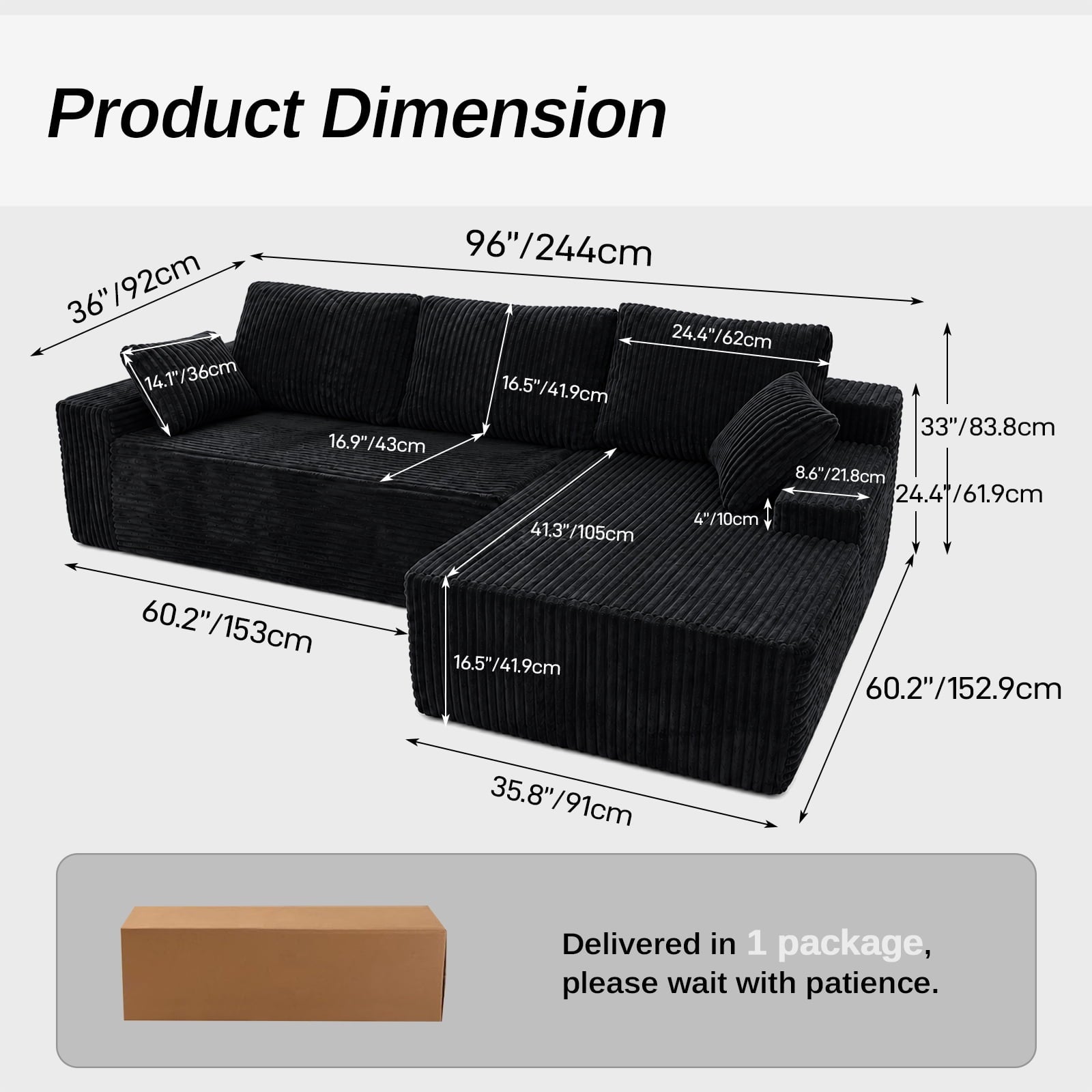 LLappuil 108 Sectional Sofa, Modular Sectional Couch with Left Chaise, Deep Seat Corduroy Cloud Sofa for Living Room Black