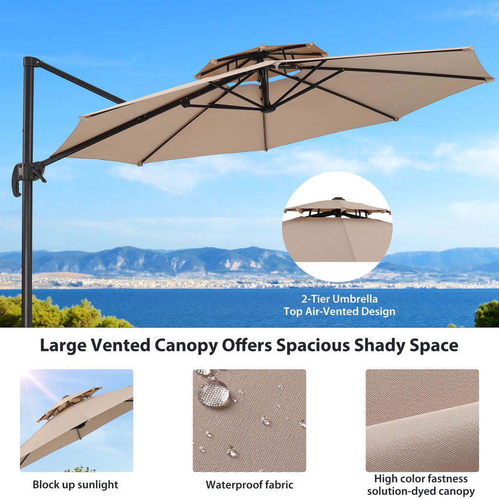 Ainfox 10ft Double Top Heavy-Duty Patio Cantilever Umbrella with lights and Cross Base, Outdoor Large Offset Hanging Aluminum Rotation Sun Shade Solar Umbrella with 360°Rotation Adjustable,Khaki