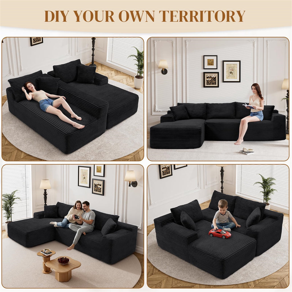 Aukfa 95 Cloud Sectional Sofa Deep Seat Boneless Couch Modular L-Shaped Couch, Left Chaise Corduroy Sofa for Living Room, Black