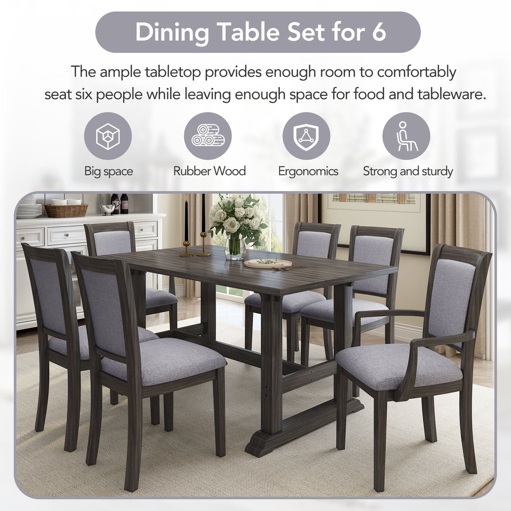 Harper & Bright Designs 7 Pieces Retro Dining Set for 6, Wood Rectangular Table with Designed Trestle Base and 6 Upholstered Chairs for Dining Room and Kitchen, Grey