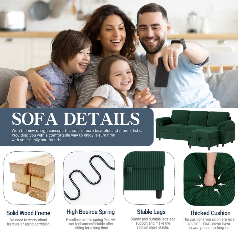 Walsunny 69 Convertible Sectional Sofa Couch with Storage Ottoman,L Shaped Sofa with Removable Pillows & Linen Fabric, Modern 3-Seat Couch with Reversible Storage Chaise,Dark Gray