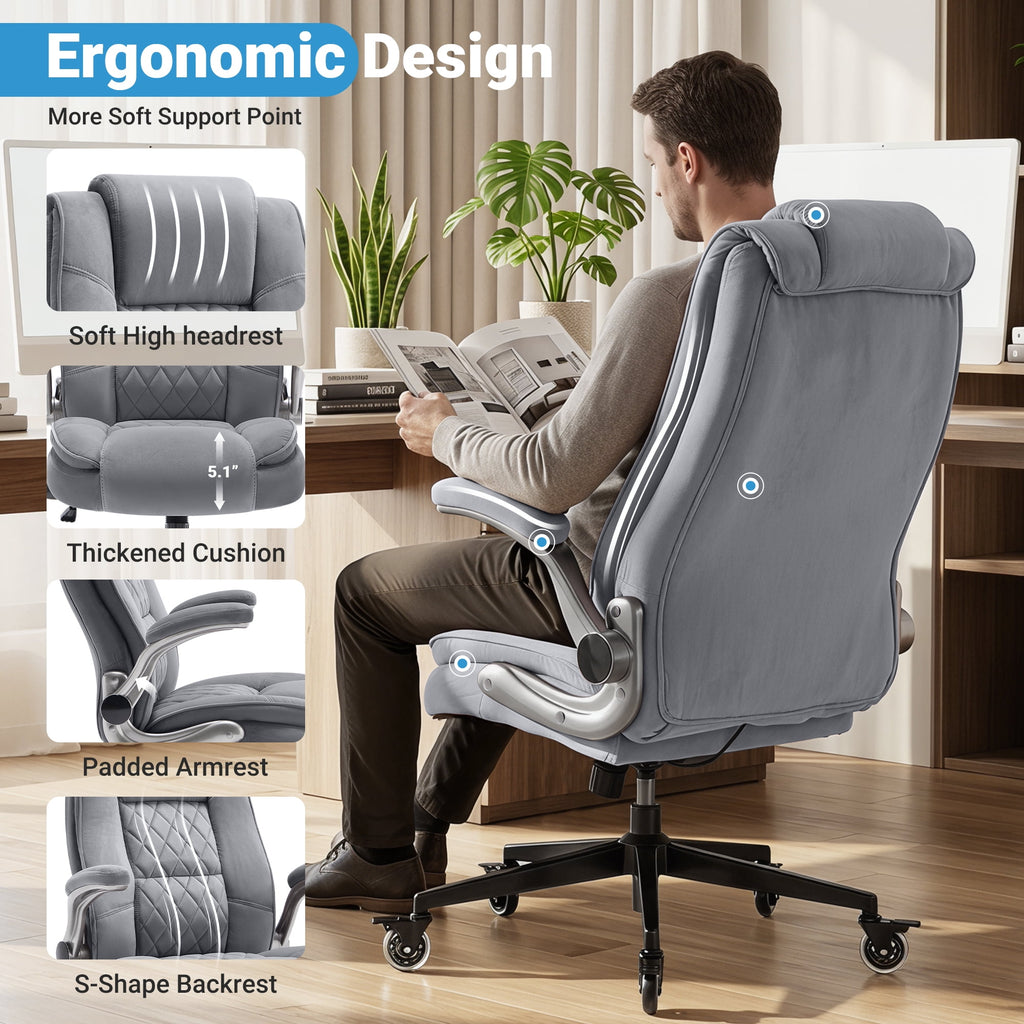 Ergonomic Home Office Chair with Locking Wheels, High-back Desk Chair with Thick Padded Flip-up Armrest, Comfy Executive Chair with Adjustable Lumbar Support for Home & Office & Work