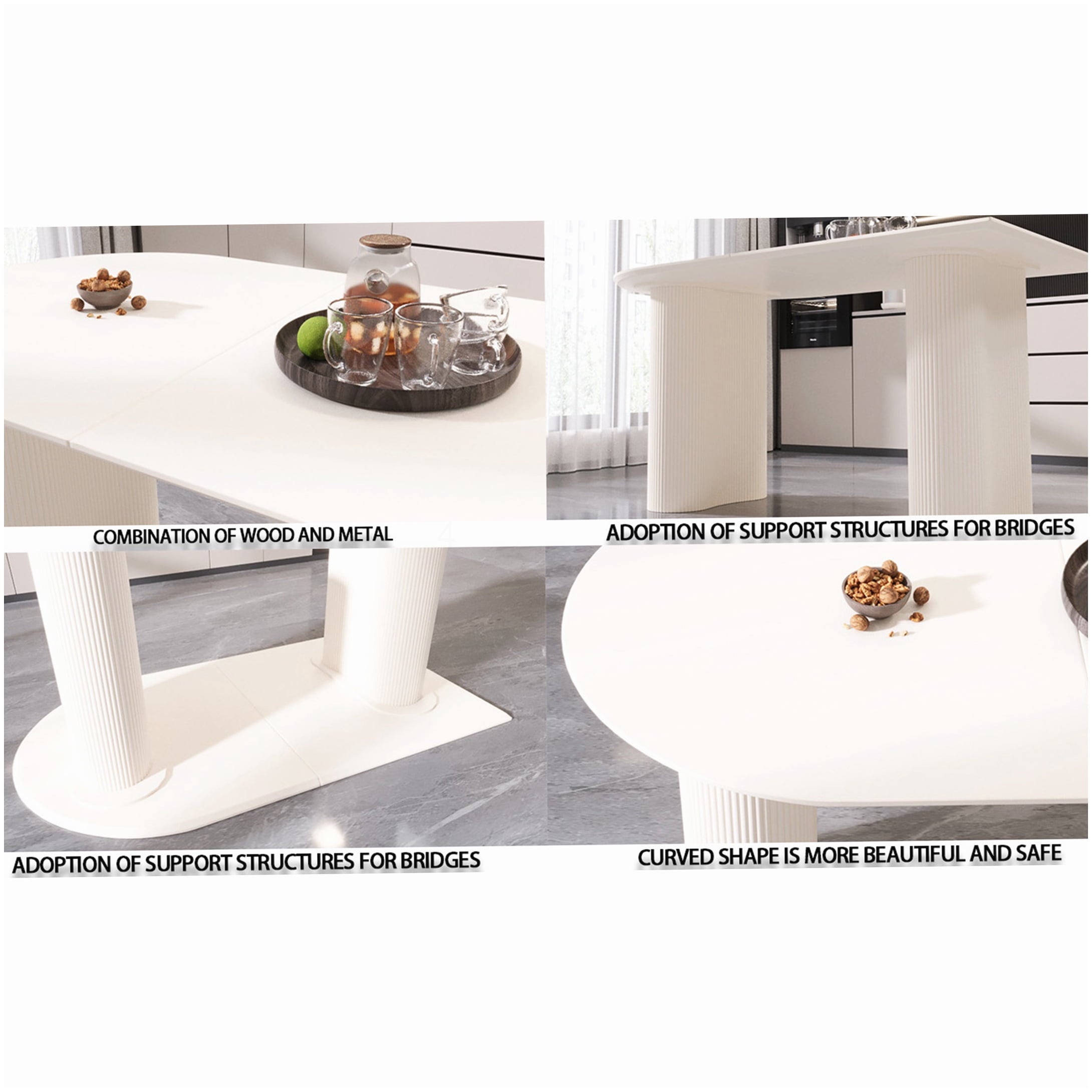 Modern Farmhouse Dining Set, 7-PC Cream Table & Black PU Chair Combo, Silver Metal Base, for Kitchen & Dining Room