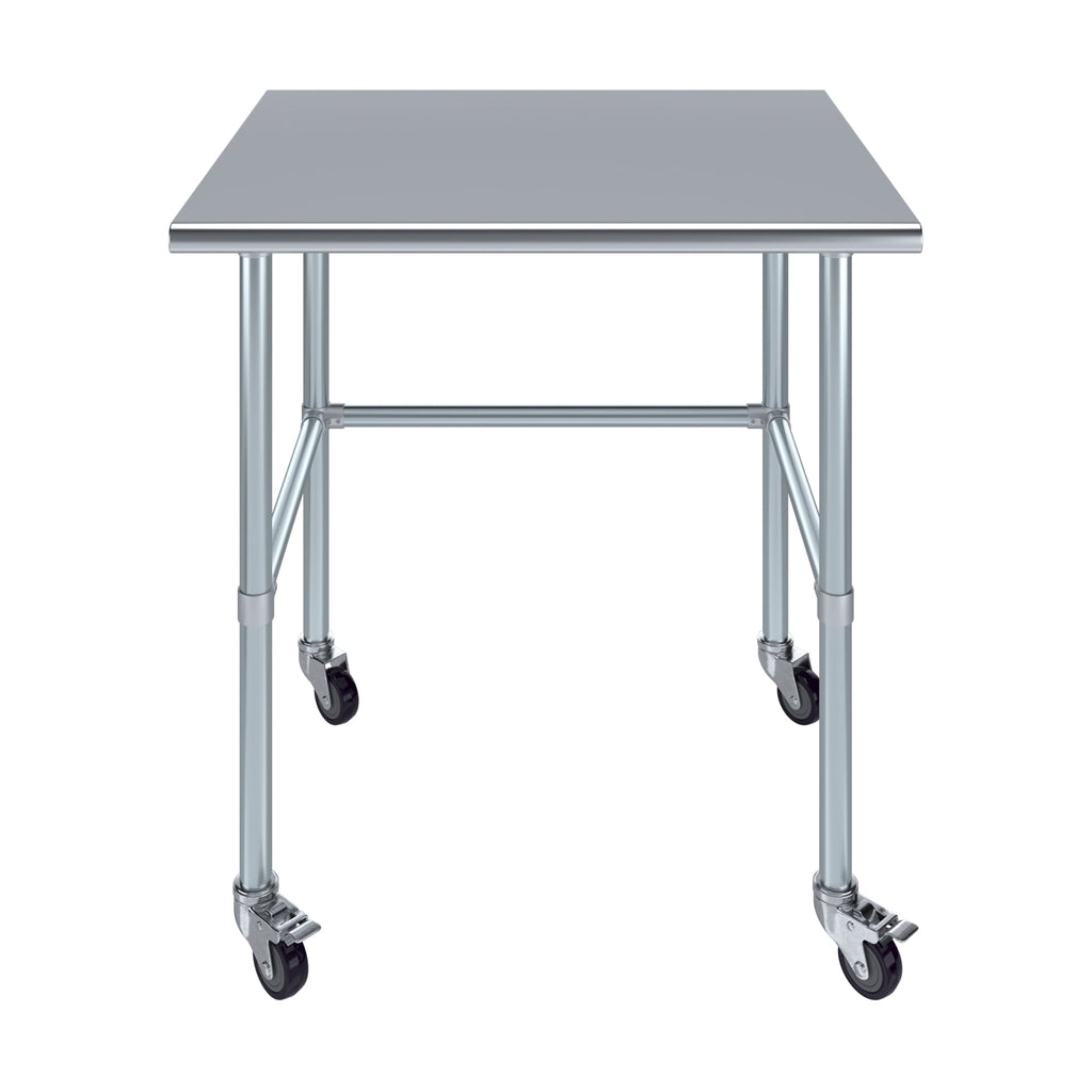 AmGood 36 Long x 30 Deep Stainless-Steel Work Table with Open Base and Wheels, Mobile Metal Table