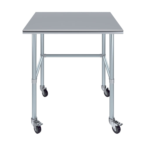 AmGood 36 Long x 30 Deep Stainless-Steel Work Table with Open Base and Wheels, Mobile Metal Table