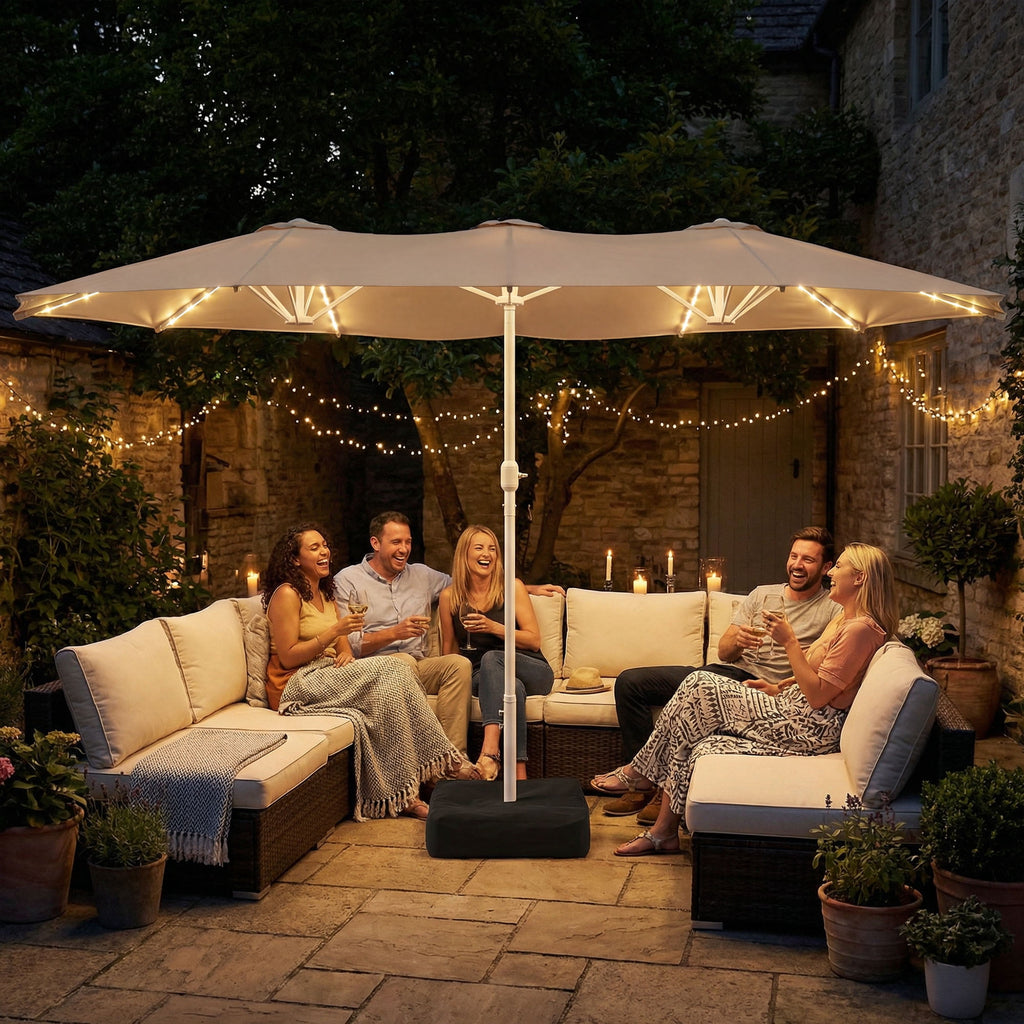 LAZZO 15ft Large Patio Umbrella with Base and Lights, Double-Sided Rectangular Outdoor Deck Umbrella, Tiki Style