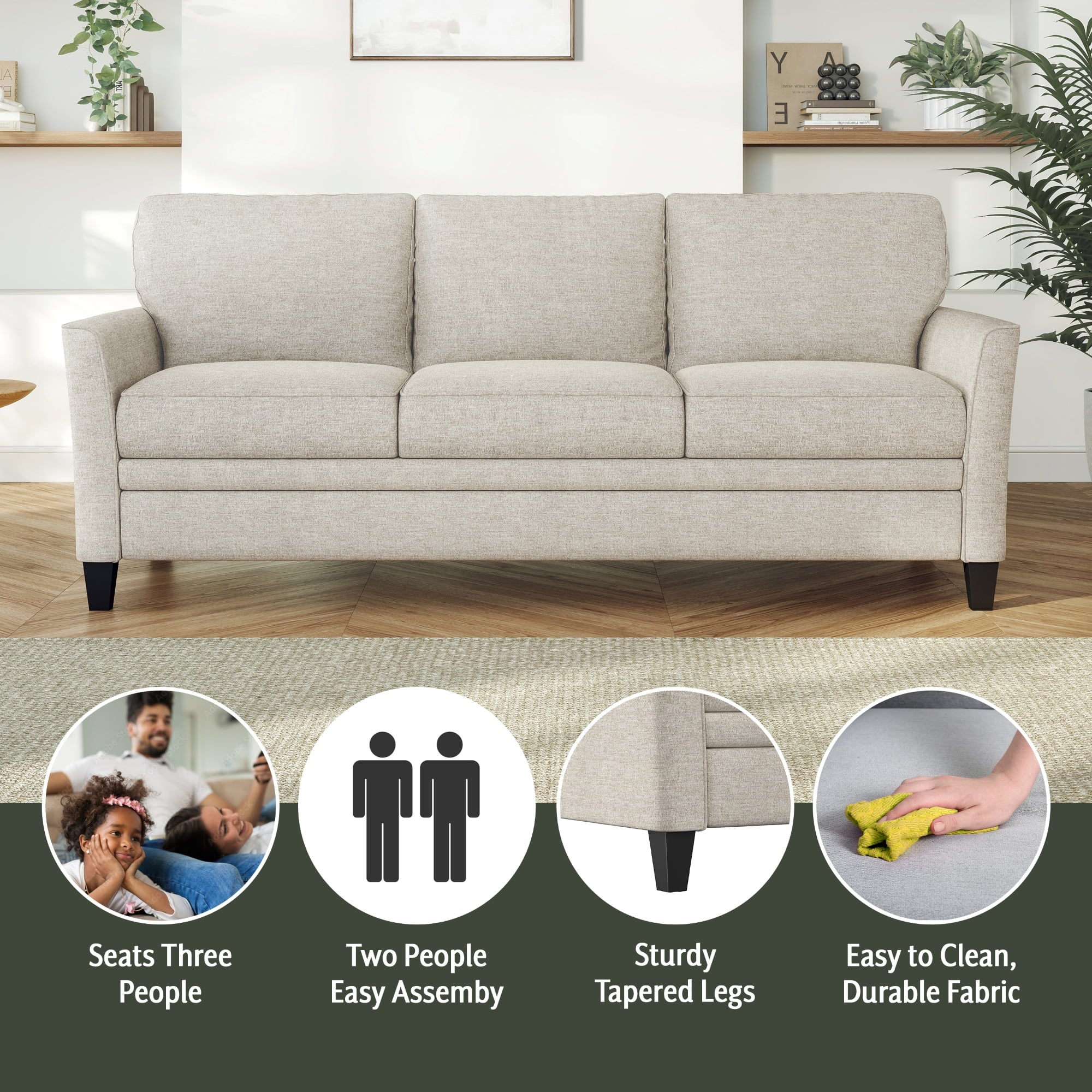 Mainstays Kensington 80 3 Seat Classic Modern Couch, Gray
