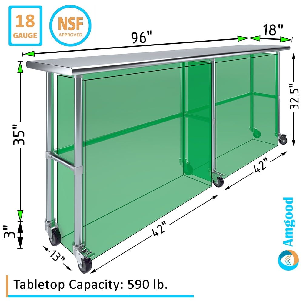 AmGood 36 Long x 30 Deep Stainless-Steel Work Table with Open Base and Wheels, Mobile Metal Table