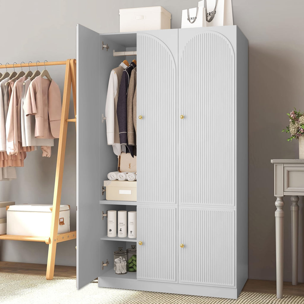 Wirrytor Freestanding Wooden Armoire Wardrobe with 2 Woven Doors and Storage Drawers, Space-Saving Closet Cabinet for Bedroom, Sturdy Mdf Board Closet with Hanging Rail