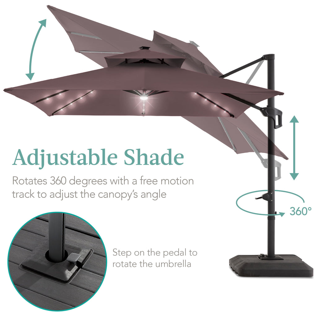 Best Choice Products 10x10ft 2-Tier Square Outdoor Solar LED Cantilever Patio Umbrella w/ Base Included - Tan
