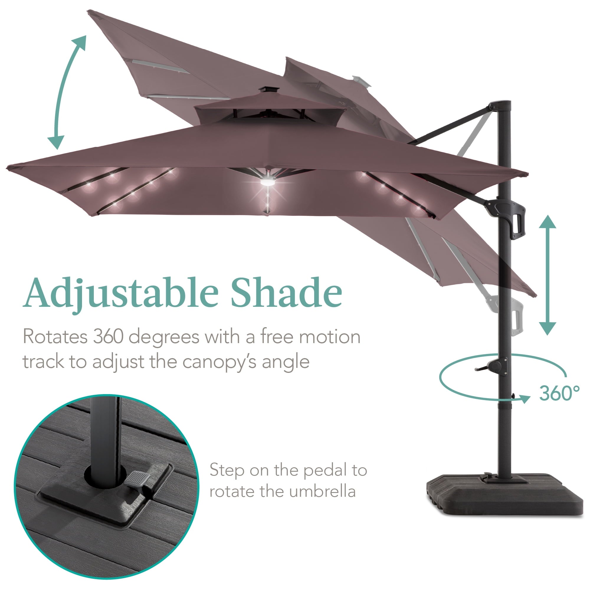 Best Choice Products 10x10ft 2-Tier Square Outdoor Solar LED Cantilever Patio Umbrella w/ Base Included - Tan