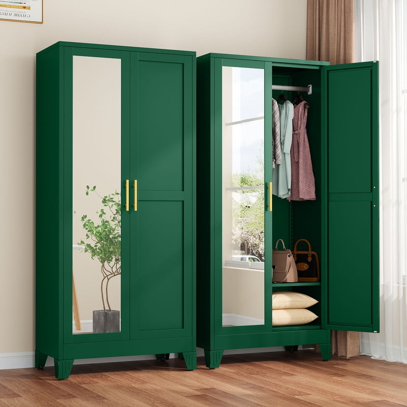 Ero Metal Freestanding Armoire Wardrobe Closet with Hanging Rod and Mirror