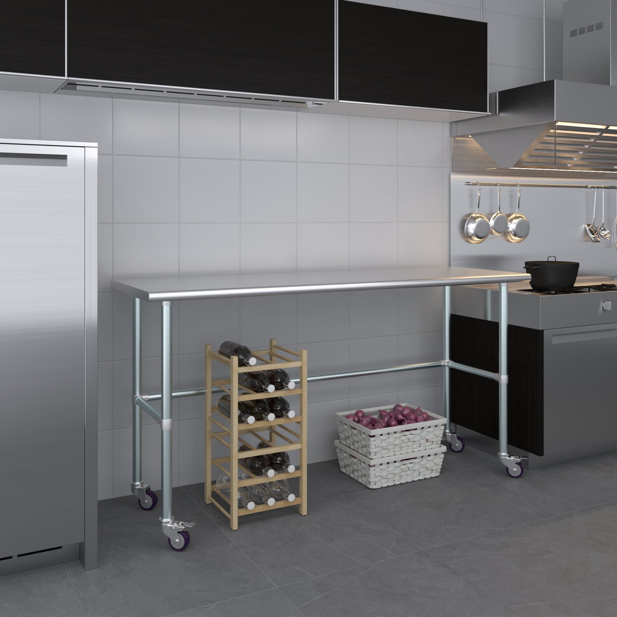 AmGood 36 Long x 30 Deep Stainless-Steel Work Table with Open Base and Wheels, Mobile Metal Table