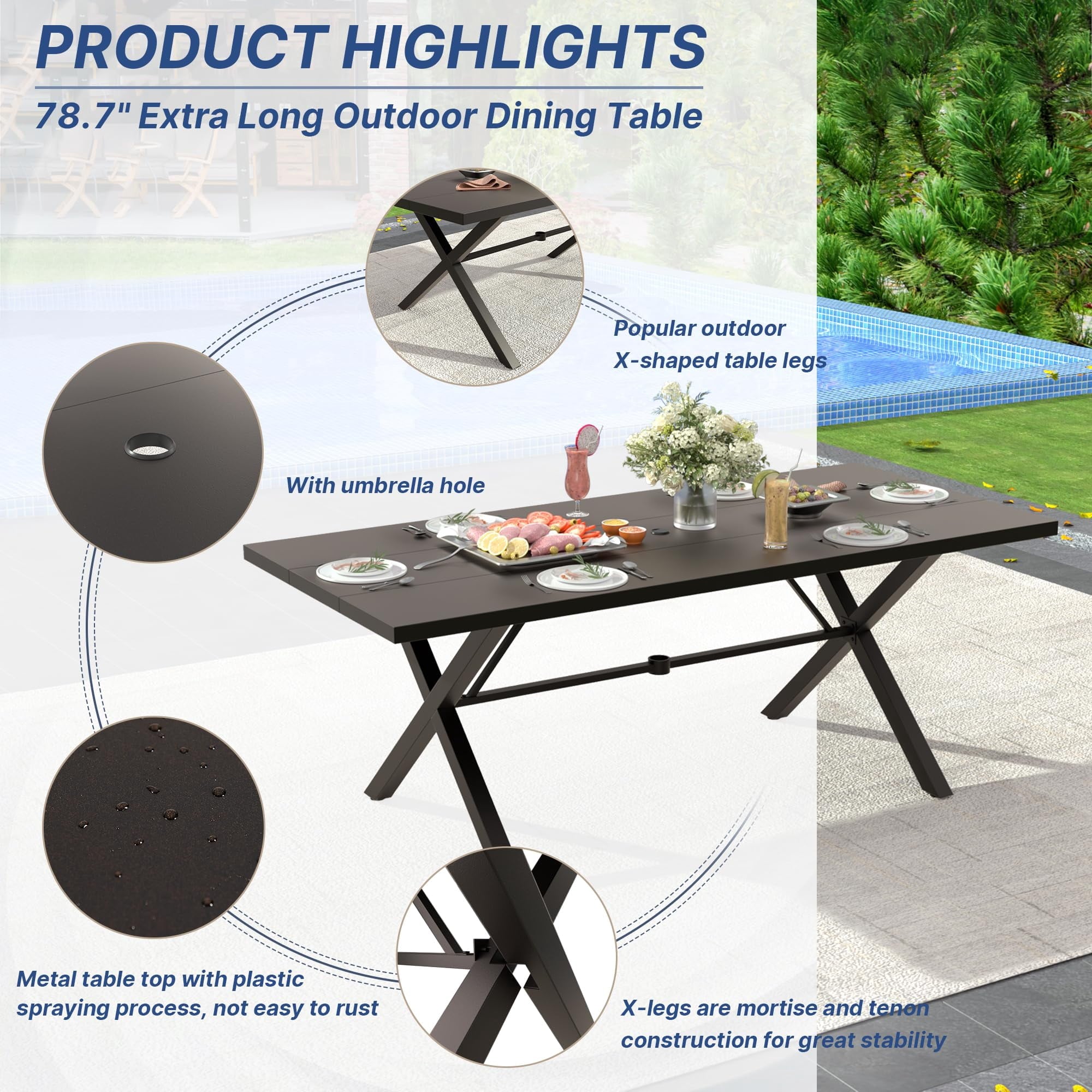 ALAULM 10 Piece Patio Dining Set w/14FT Umbrella, Metal Outdoor Furniture Set w/Rectangular table, 6 Fixed Chairs and 2 swivel rocking chairs for Patio, Backyard, Garden, Poolside（Grey）
