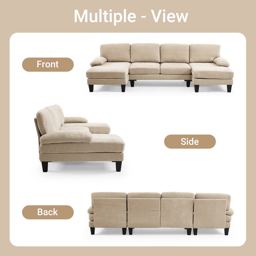 Ktaxon U-Shaped Sectional Sofa, 111  Chenille Couch, 4 Seat Lounge Sleeper with Double Chaise for Living Room Black