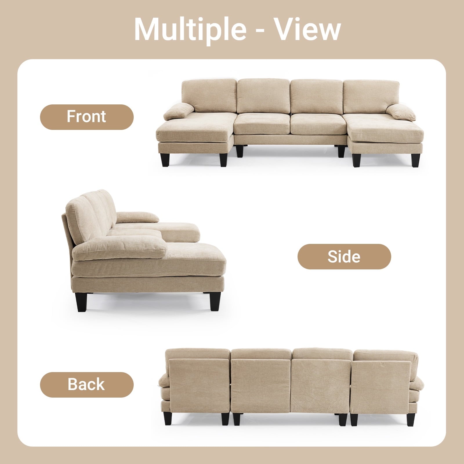 Ktaxon U-Shaped Sectional Sofa, 111  Chenille Couch, 4 Seat Lounge Sleeper with Double Chaise for Living Room Black