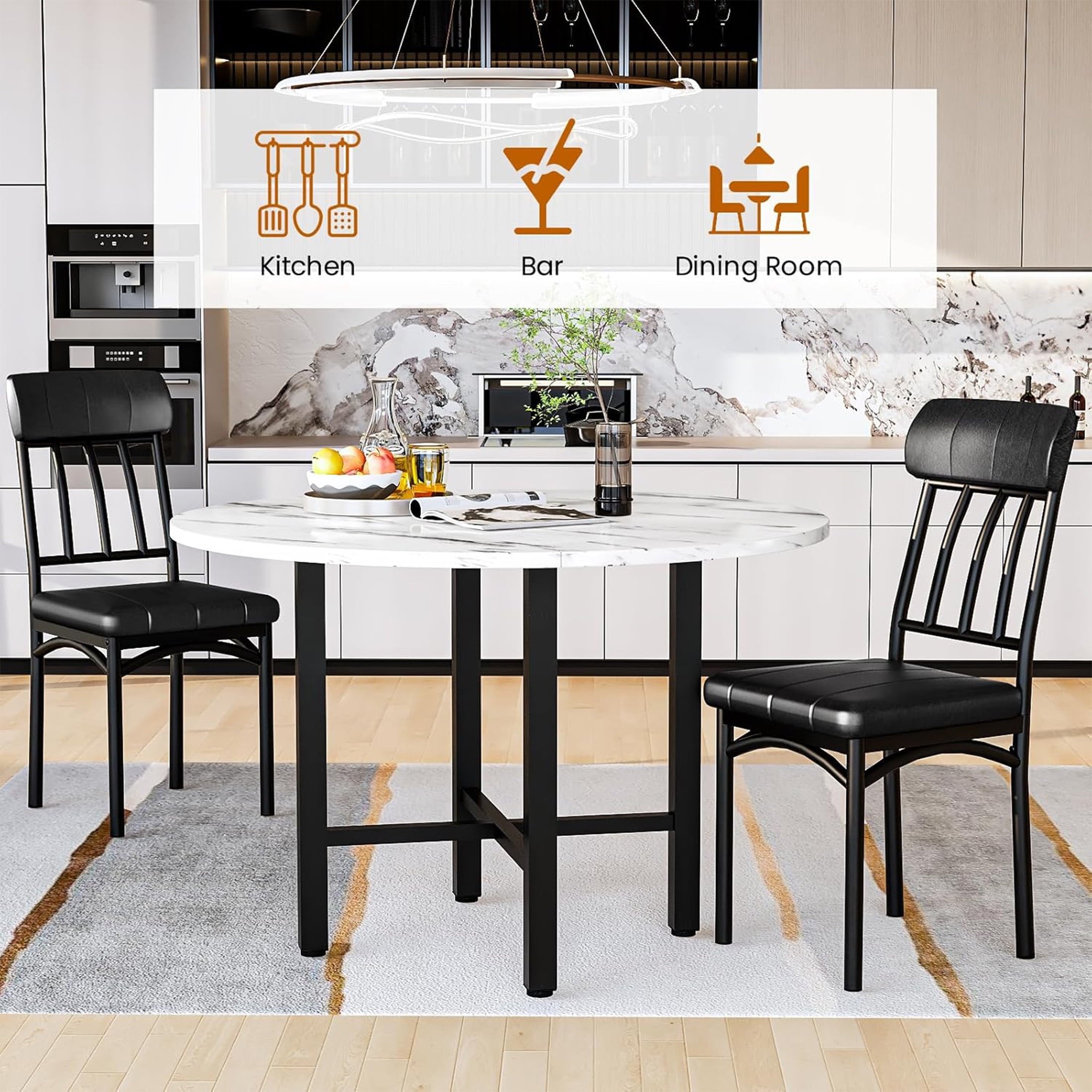 LinkRomat Round Dining Table Set for 4, Modern Dining Room Sets with 4 Faux Leather Chairs, Kitchen Dinner Wooden Table & Chair Set for Small Space, Grey
