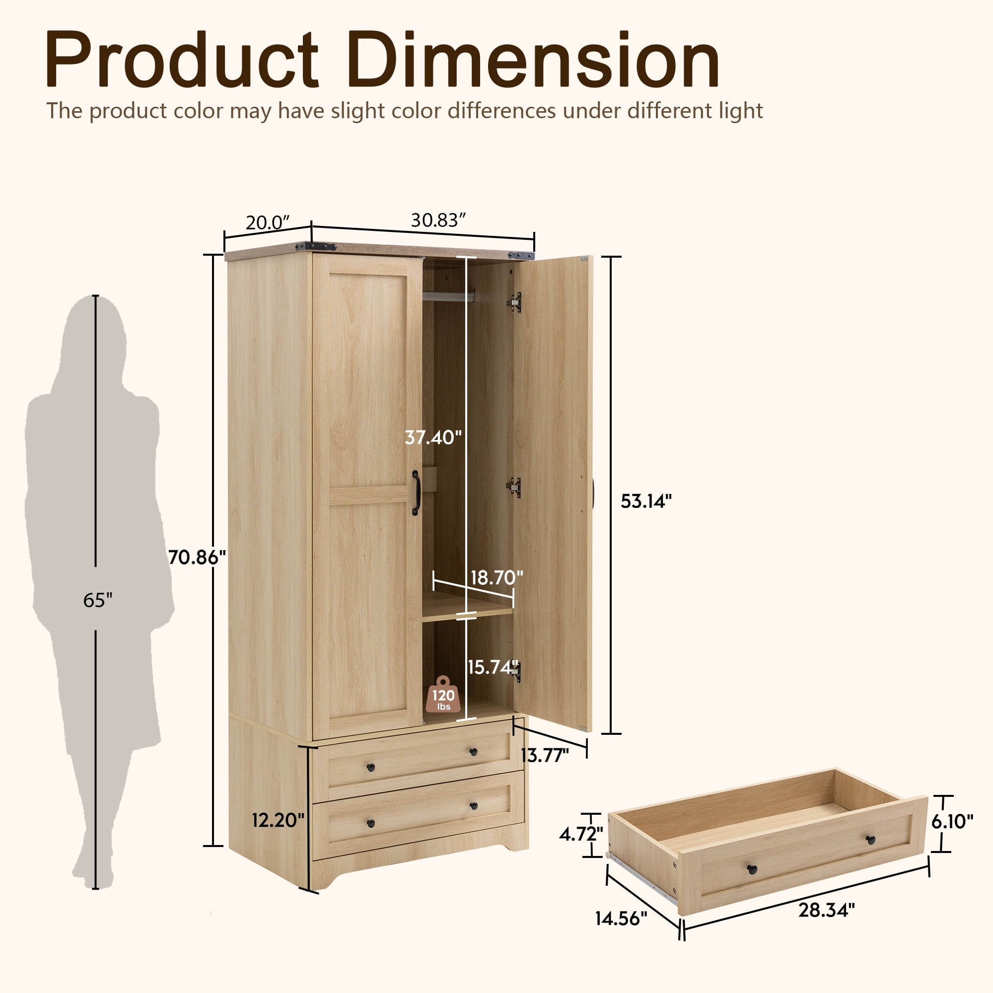 Brafabhome 71H Armoire Wardrobe Closet with 2 Drawers, Farmhouse 2 Doors Armoire Cabinet with Hanging Rod, Modern Freestanding Wardrobe Clothes Cabinet for Bedroom | Gray