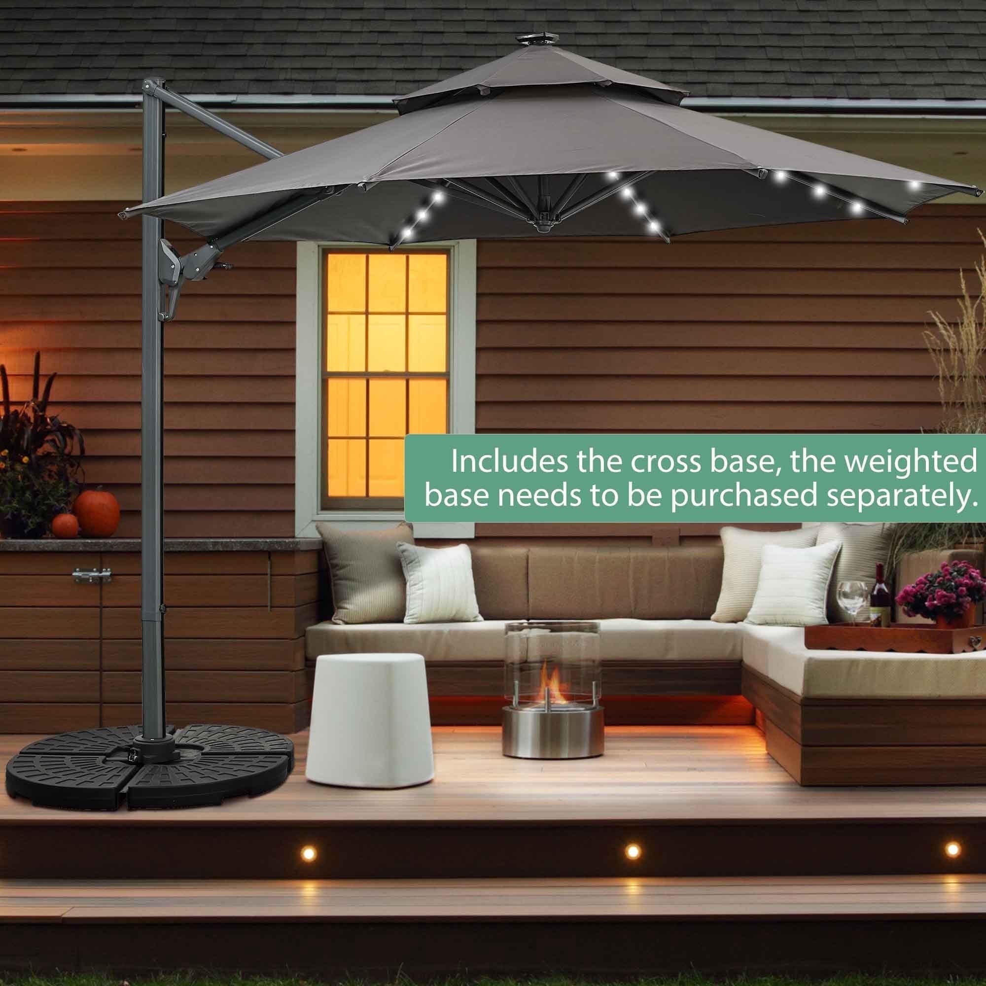 Ainfox 10ft Double Top Heavy-Duty Patio Cantilever Umbrella with lights and Cross Base, Outdoor Large Offset Hanging Aluminum Rotation Sun Shade Solar Umbrella with 360°Rotation Adjustable,Khaki