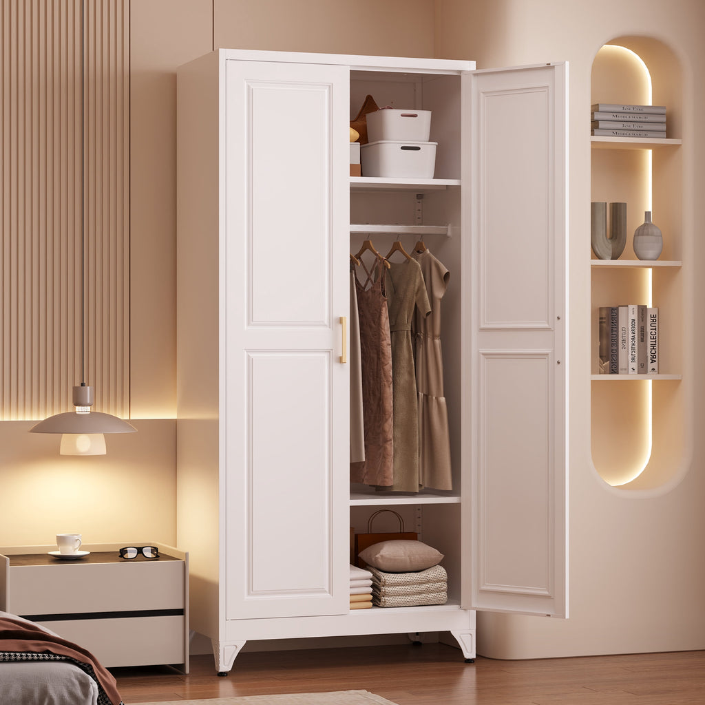 Polup 71 H Modern Metal Sturdy Armoire Cabinet with Shelves and Hanging Rod, Adult Bedroom Wardrobe Closet with Doors