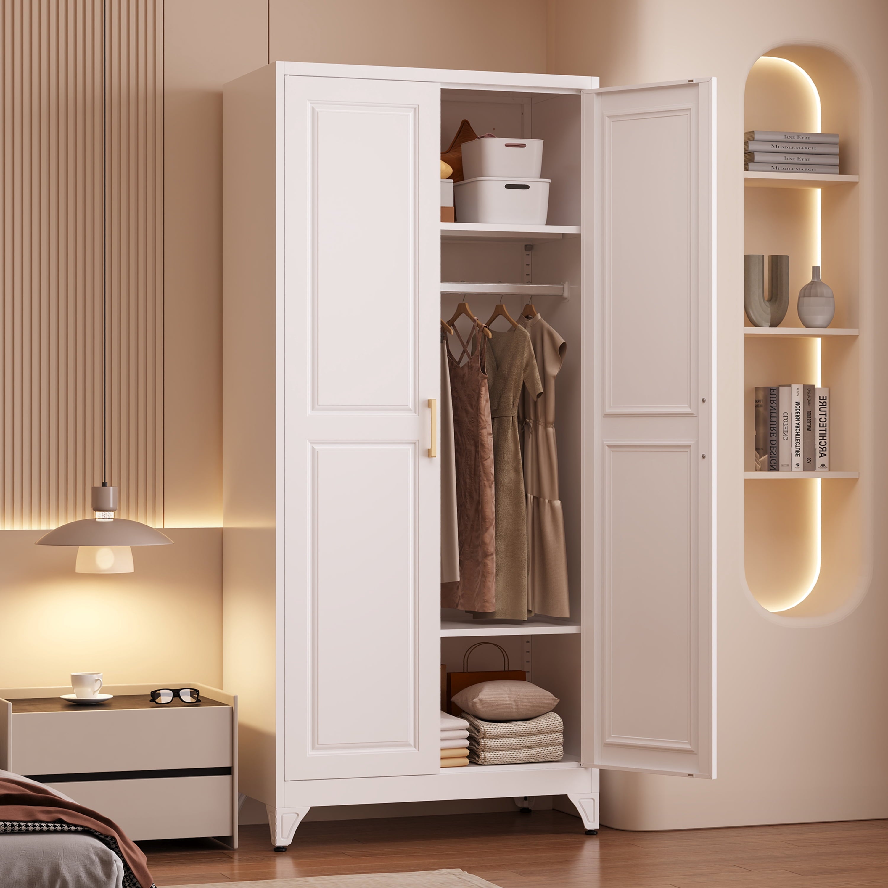 Polup 71 H Modern Metal Sturdy Armoire Cabinet with Shelves and Hanging Rod, Adult Bedroom Wardrobe Closet with Doors