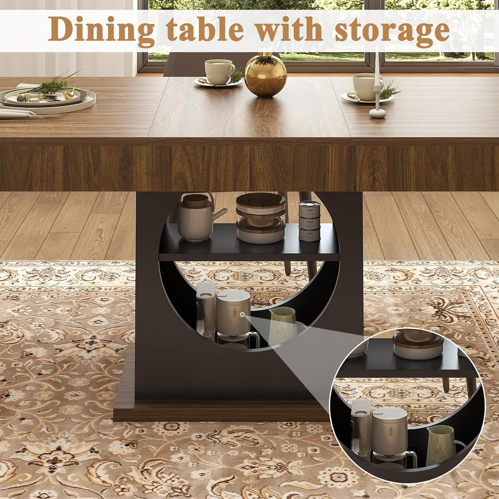 HAUXITIO 55 Inch Dining Table with LED Lights & 2 Drawers,Wooden Pedestal Base Table for 4-6 People,for Kitchen & Dining Room,White& Rustic Brown