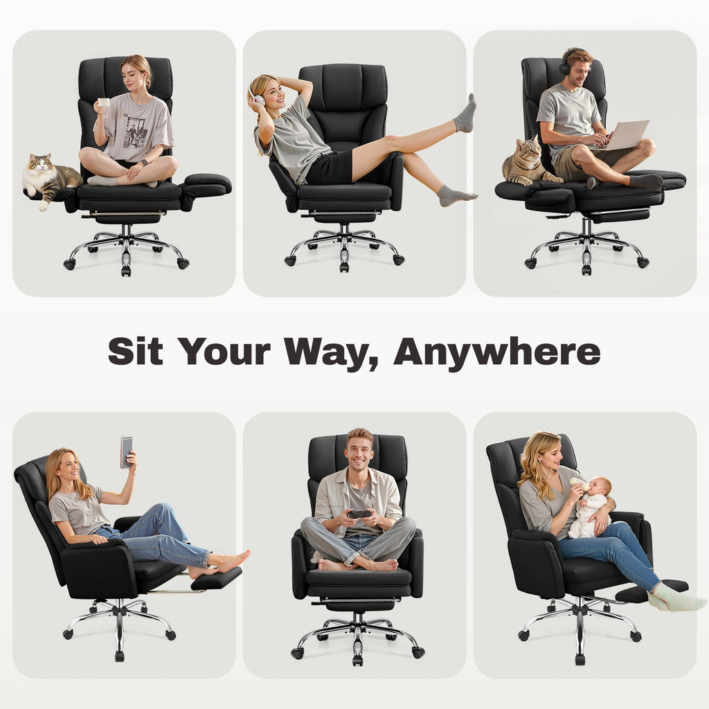 Primy Cross Legged Office Chair with Footrest & Convertible Armrests, 500LBS Capacity Home Desk Chair, Ergonomic Recliner with Lumbar Pillow, Criss Cross Design, Big and Tall Executive Chair