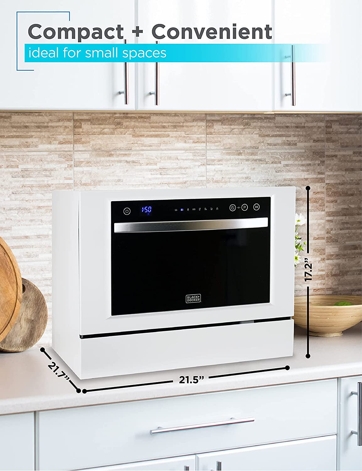 BLACK+DECKER 6-Place Setting Compact Countertop Dishwasher, Accommodates up to 10-In. Dinner Plates, BCD6W
