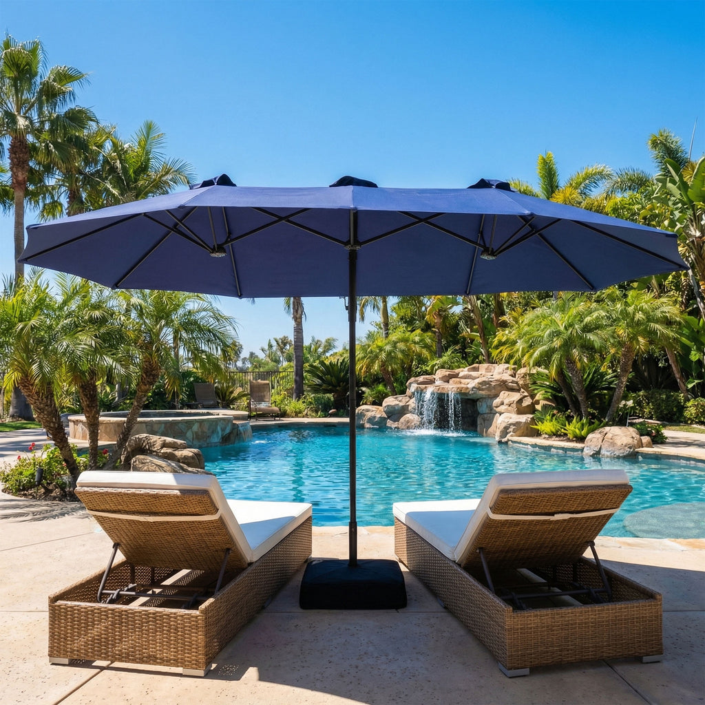 MOALCOFER 15 x 9 FT Double Sided Patio Umbrella with Base Included, Outdoor Rectangular Market Umbrella with Crank Lift, 12 Reinforced Ribs， Khaki