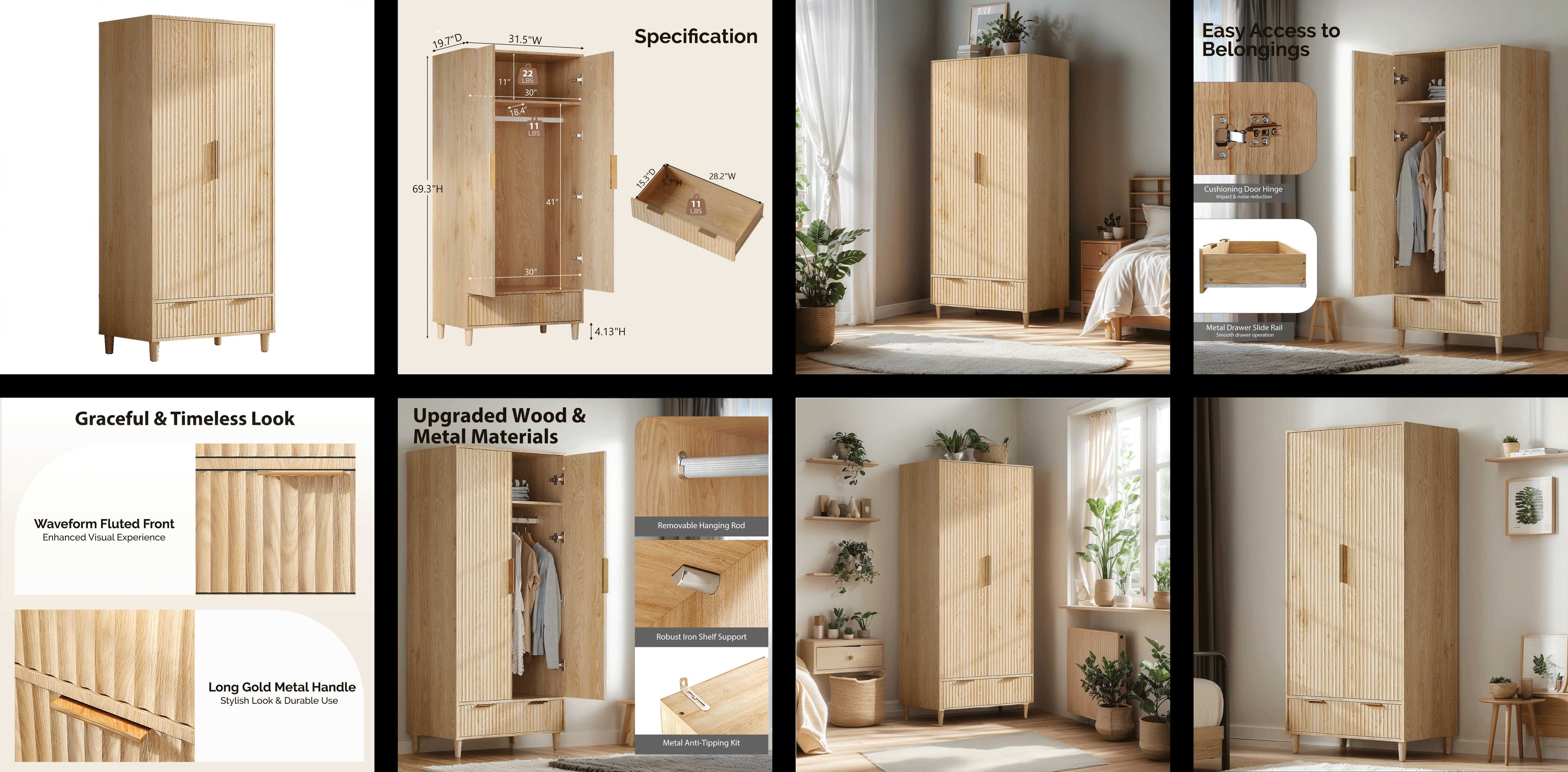 Ktaxon Wardrobe Armoire Closet with Hanging Rod, Modern Drawer & Shelf – Elegant White Finish Closet, Farmhouse to Mid-Century Style
