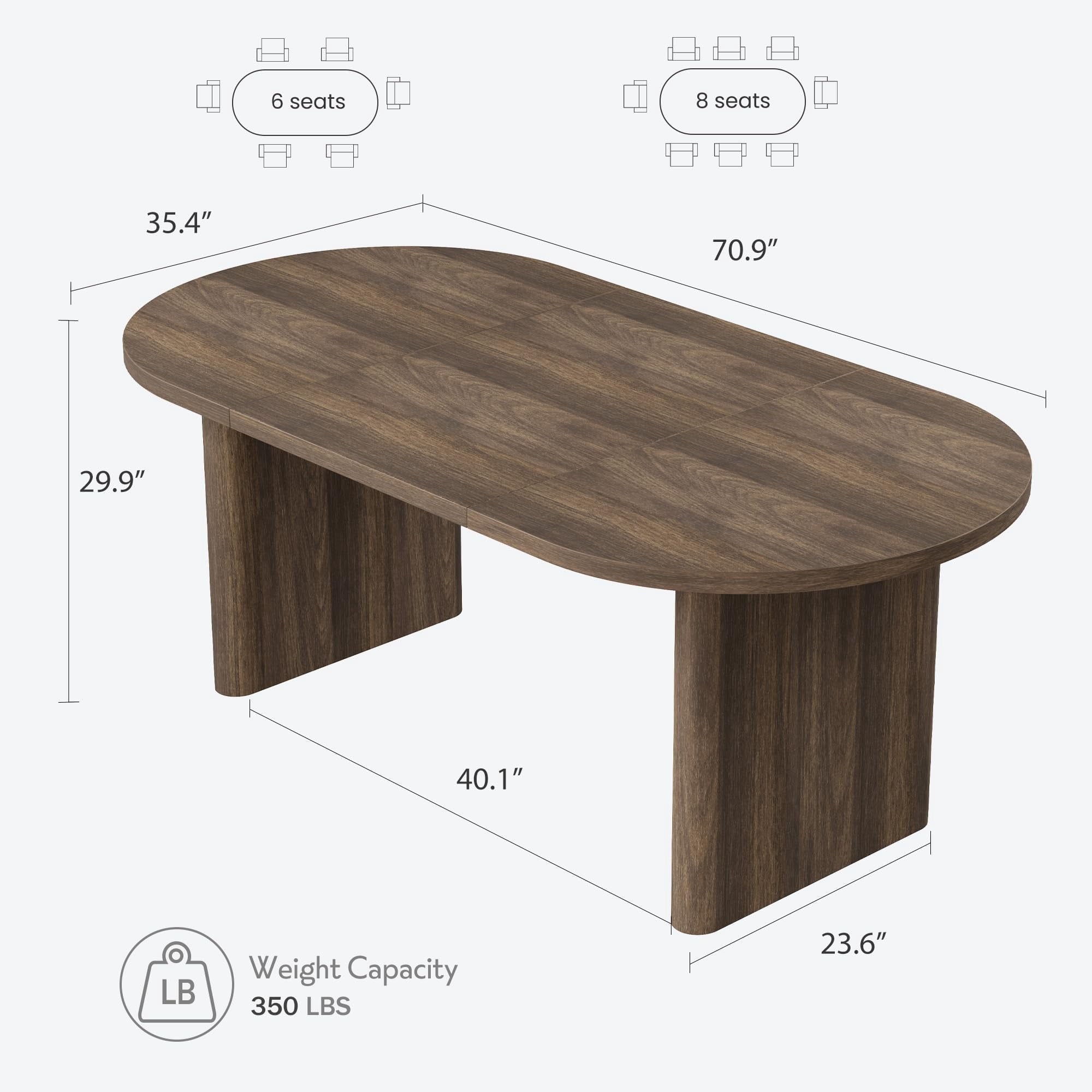 70.8 Inch Oval Farmhouse Dining Table for 6-8 People, Long Large Kitchen Table with Thick Sturdy Wooden Base-Natural