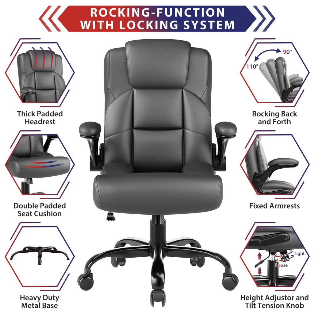 JONPONY Leather Office Chair, Big and Tall Office Chair 400LBS Wide Seat Ergonomic Computer Desk Chair High Back Executive Leather Chair Adjustable Task Chair Lumbar Back with 1-Year Warranty, Black
