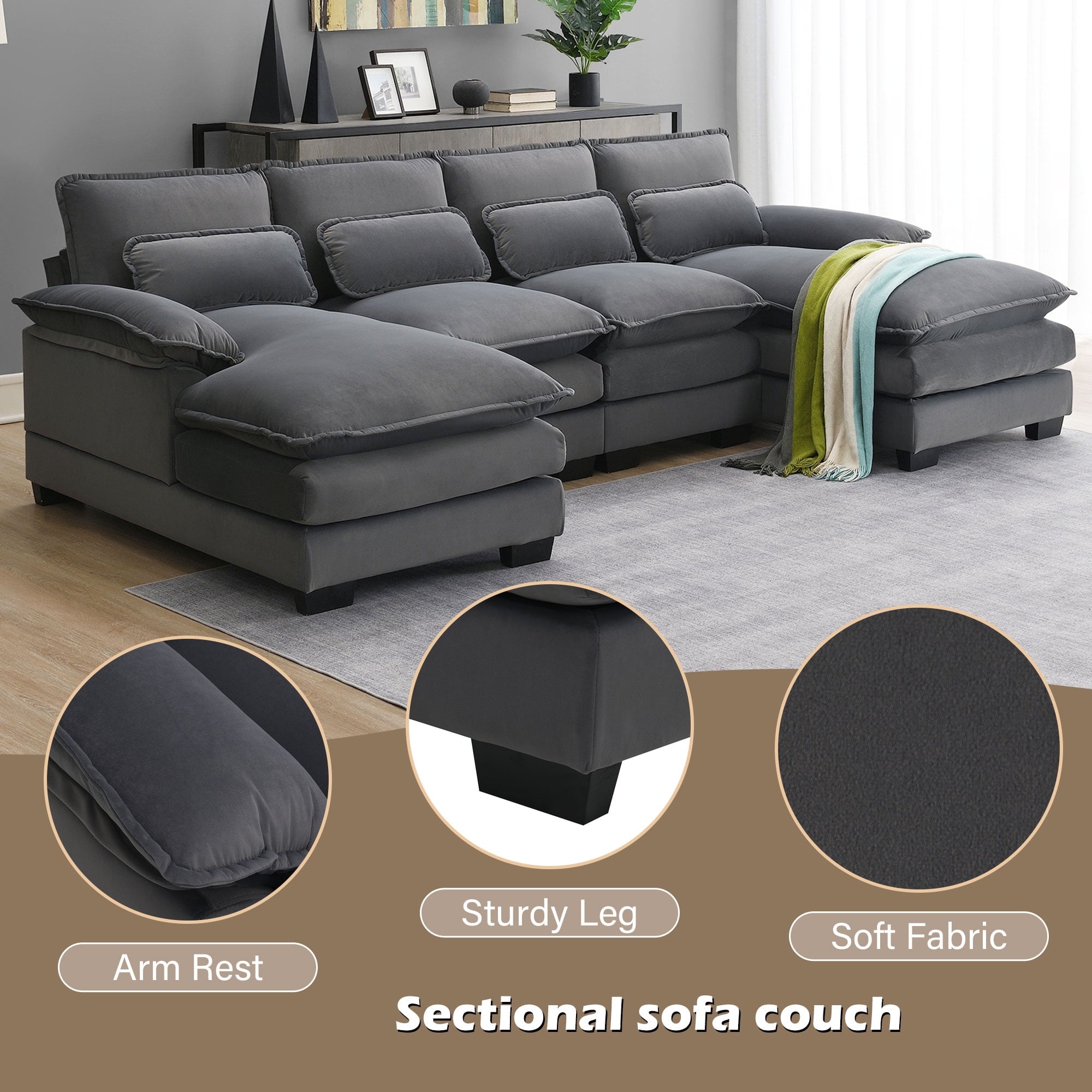 JONPONY109.45 U Shaped Couch,Oversized 4 Seat Sectional with 4 Waist Pillows, Convertible Upholstery Symmetrical Sofá,Sleeper Sofa Couch with Double Chaise Lounge &Memory Foam for Living Room, Beige