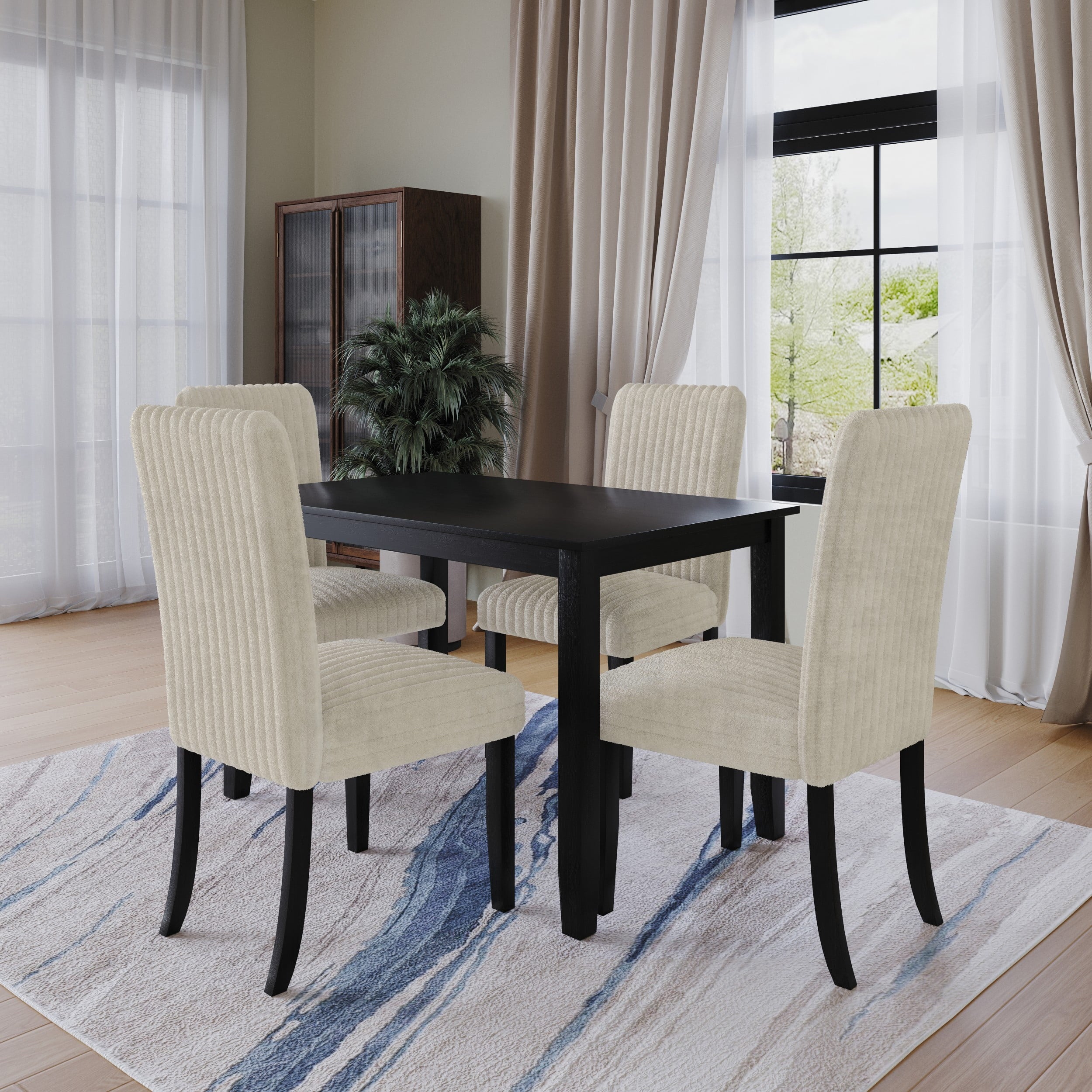 Home Design Guymon 5-Piece Dining Set with 1 Rectangular Table and 4 Slat-Back Cushioned Chairs, Black/Light Beige, Modern Style, Space-Saving