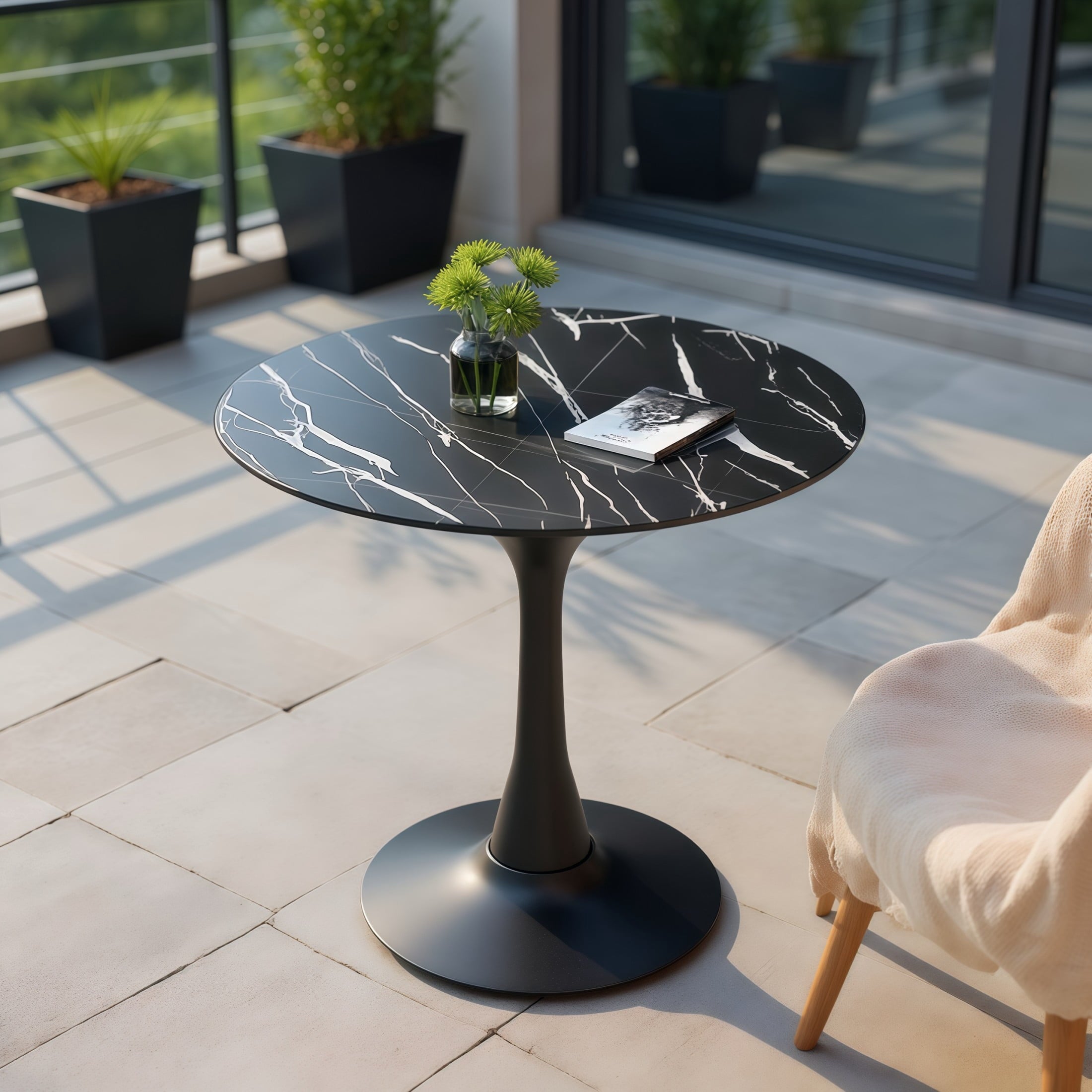 GDF Studio 24 Round Modern Dining Table, Wooden Top Tulip Table with Steel Pedestal Base, Kitchen Table, Walnut