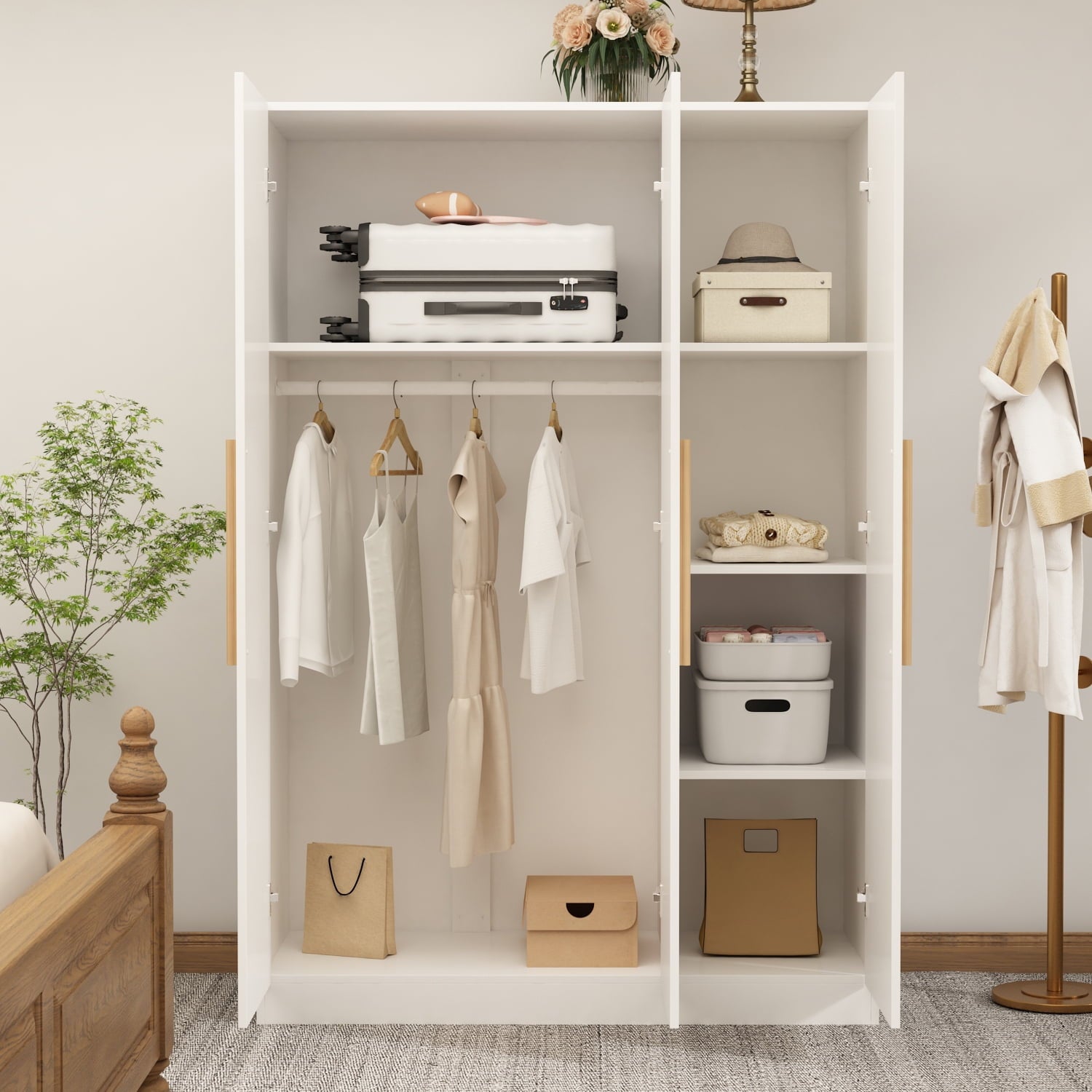 Wiawg 2 Door Wardrobe Armoire,Mirrored Closet Storage with Drawers and Shelves,White