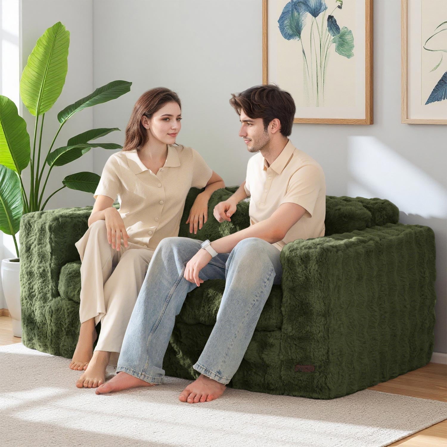 GOODONE Bean Bag Chair Sofa,Giant Loveseat Bubbled Boneless Couch,Modern Soft Comfy Plush Lazy Sofa for Living Room and Apartments,No Assembly Required,Beige