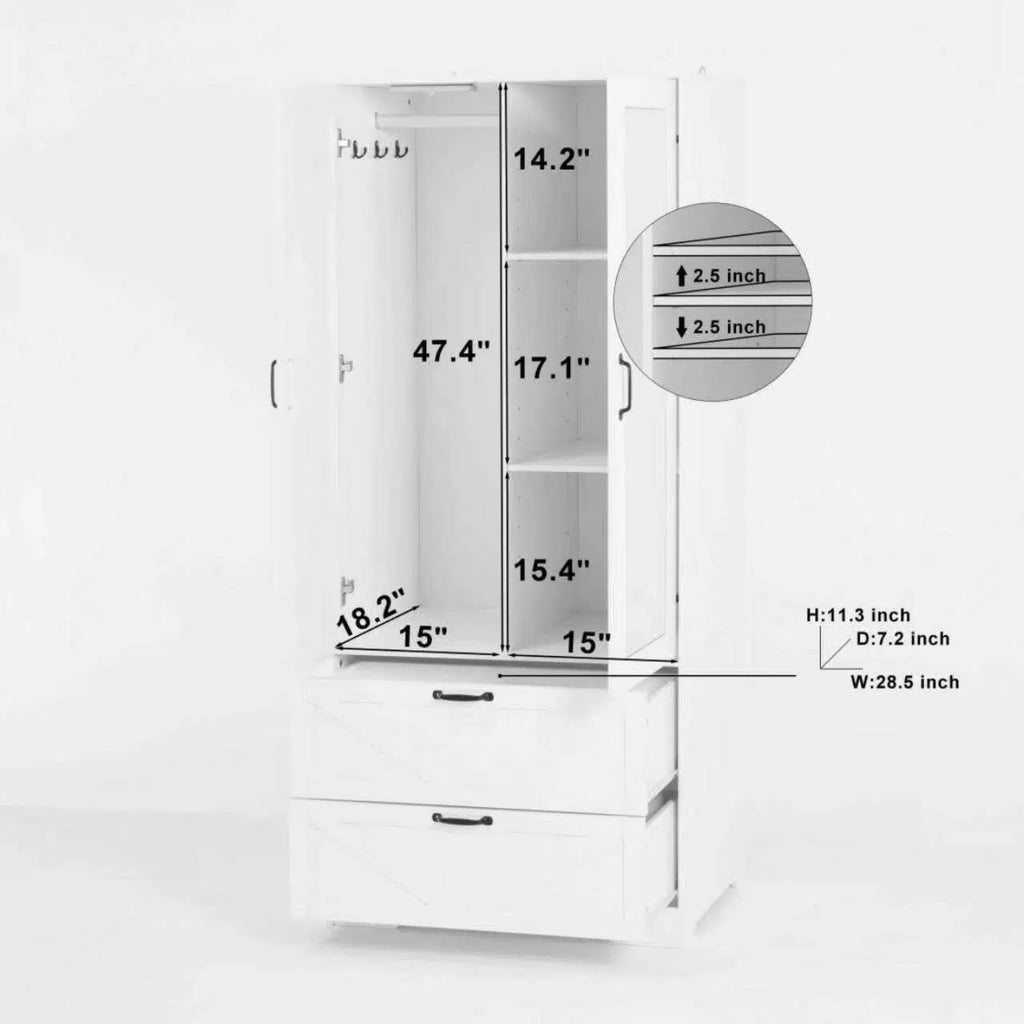 AISWORD 60 Tall Metal Wardrobe Cabinet with 1 Drawer and Hanging Rod, 2 Doors Closet with Adjustable Shelf, White