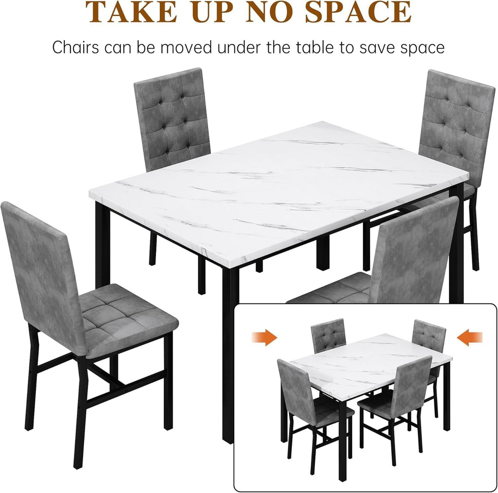 MOOSENG 5-Piece Dining Table Set with Faux Marble Top, Modern Kitchen Table and Set of 4 Grey Velvet Upholstered Chairs, Space-Saving Dinette Set for Small Spaces