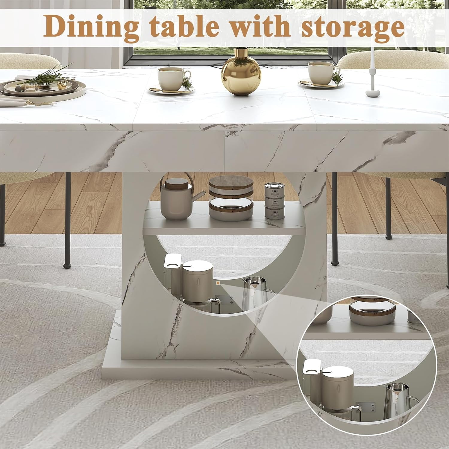 HAUXITIO 55 Inch Dining Table with LED Lights & 2 Drawers,Wooden Pedestal Base Table for 4-6 People,for Kitchen & Dining Room,White& Rustic Brown