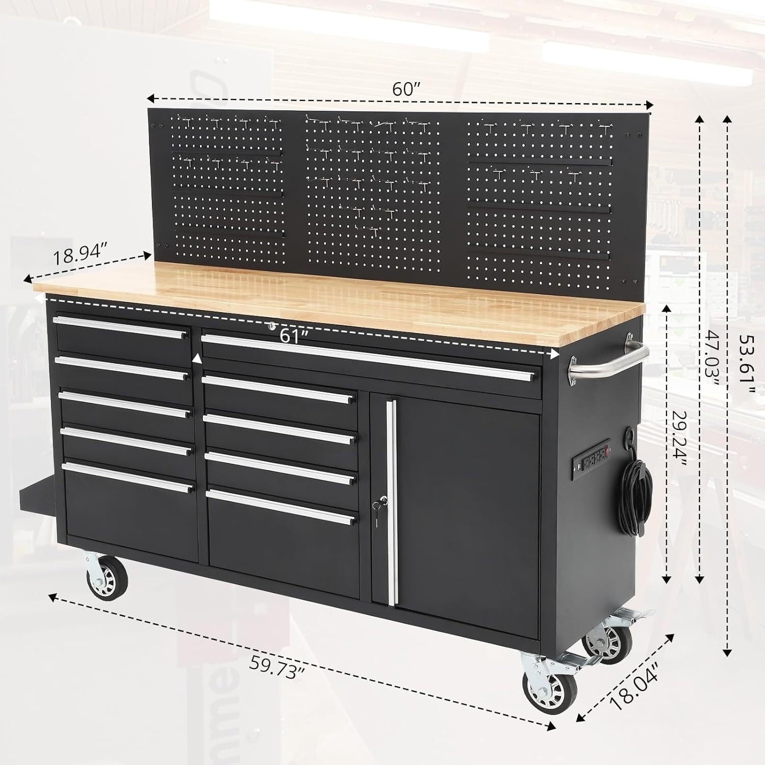 Garvee 61 Work Benches for Garage, Heavy Duty Work Table with 10 Drawers & Power Outlet, Black