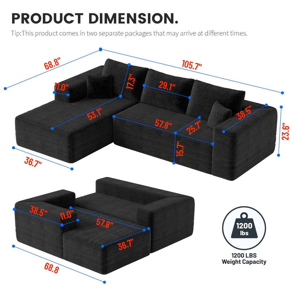 Aukfa 95 Cloud Sectional Sofa Deep Seat Boneless Couch Modular L-Shaped Couch, Left Chaise Corduroy Sofa for Living Room, Black
