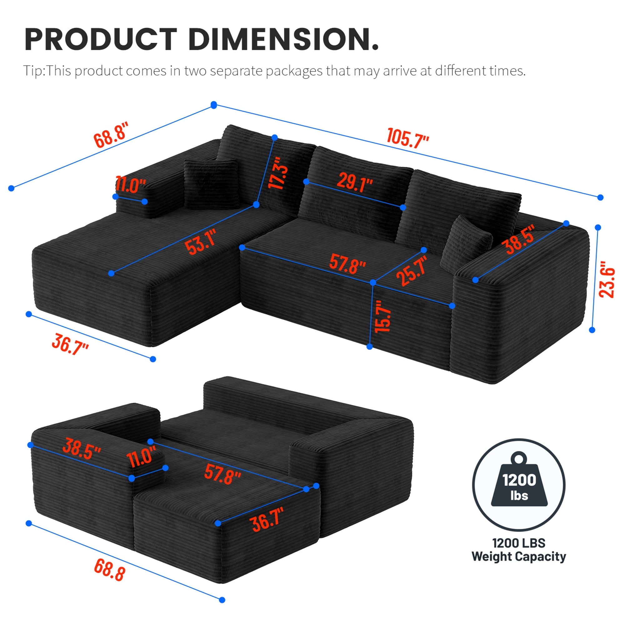 Aukfa 95 Cloud Sectional Sofa Deep Seat Boneless Couch Modular L-Shaped Couch, Left Chaise Corduroy Sofa for Living Room, Black