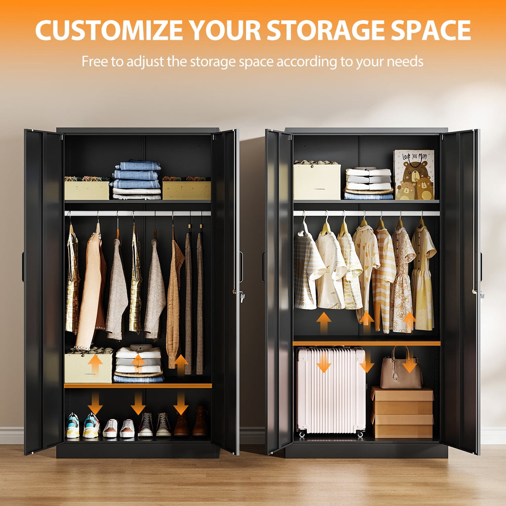 STANI Metal Wardrobe Closet with Hanging Rod, 72 White Armoire Wardrobe Cabinet with Adjustable Shelves, Clothes Storage Organizer Cabinets for Bedroom, Bathroom, Office