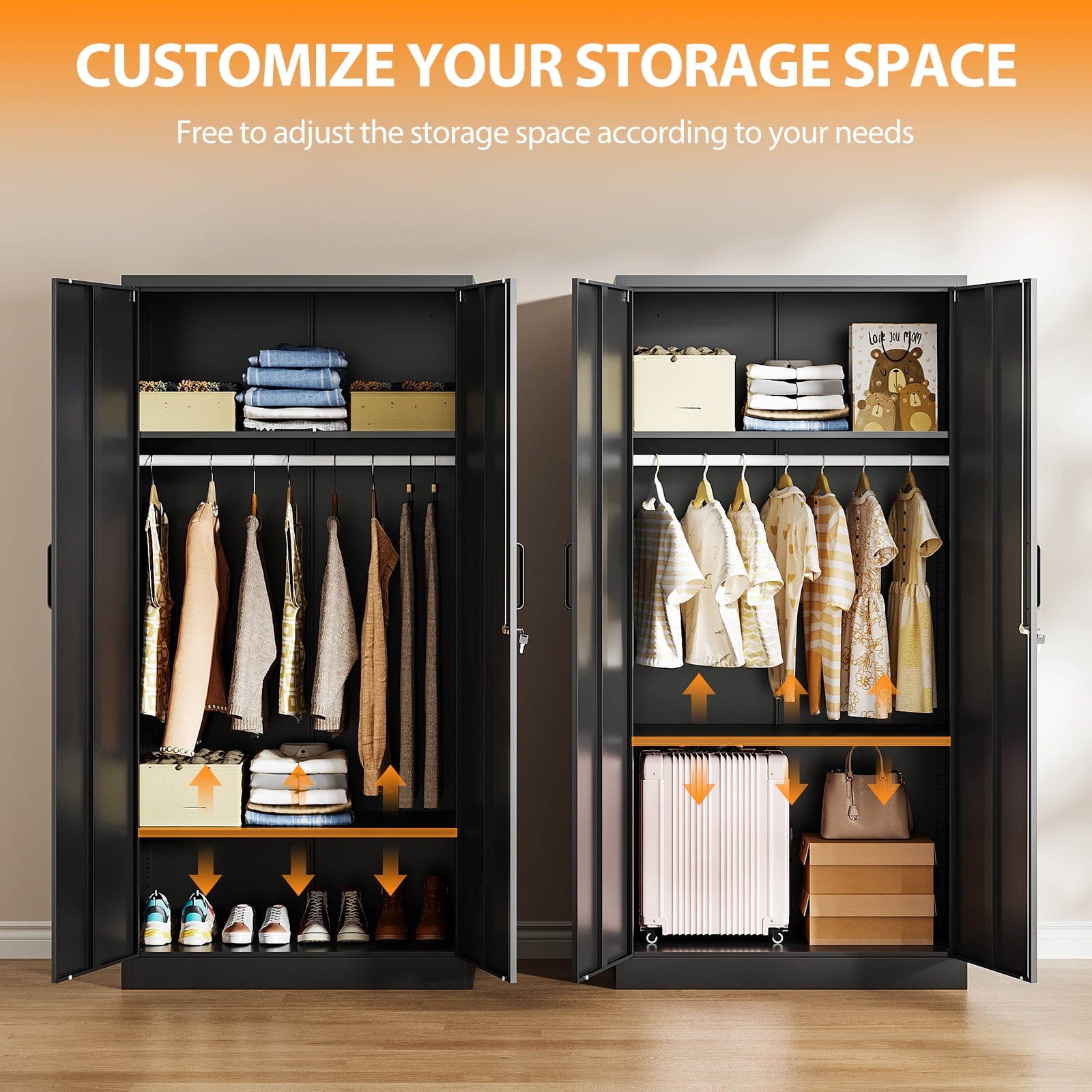 STANI Metal Wardrobe Closet with Hanging Rod, 72 White Armoire Wardrobe Cabinet with Adjustable Shelves, Clothes Storage Organizer Cabinets for Bedroom, Bathroom, Office